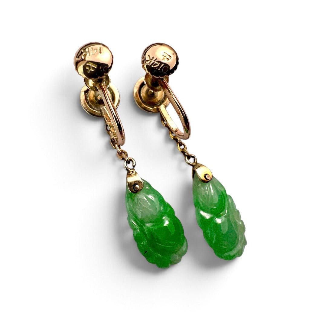 Art Deco 14CT Gold Carved Jade Drop Earrings