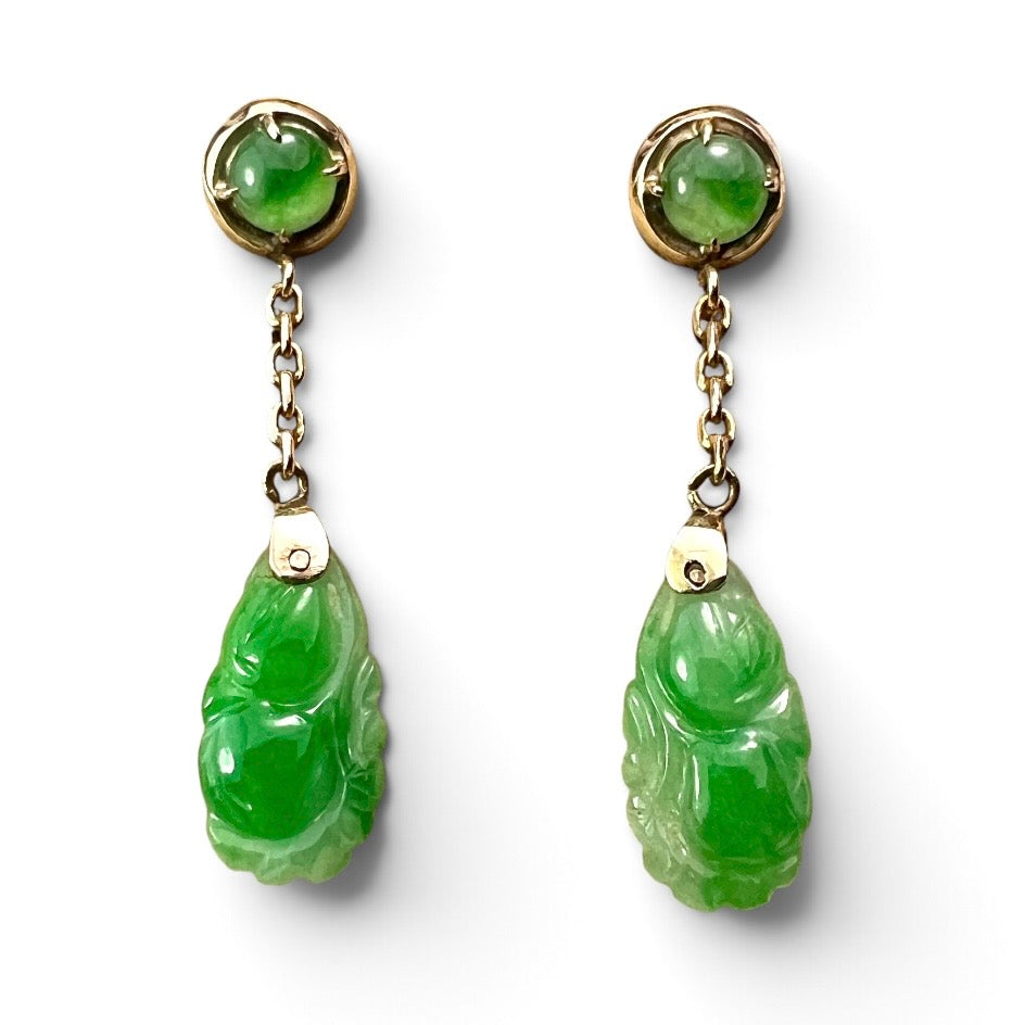 Art Deco 14CT Gold Carved Jade Drop Earrings