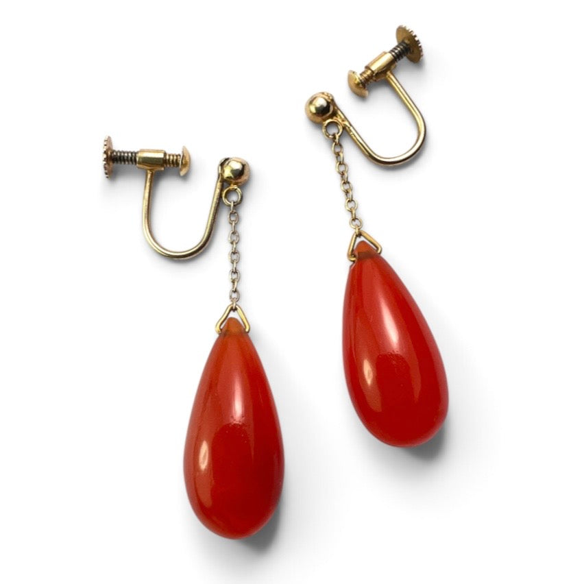 Edwardian Red Agate Chain Drop Earrings in 9CT Gold