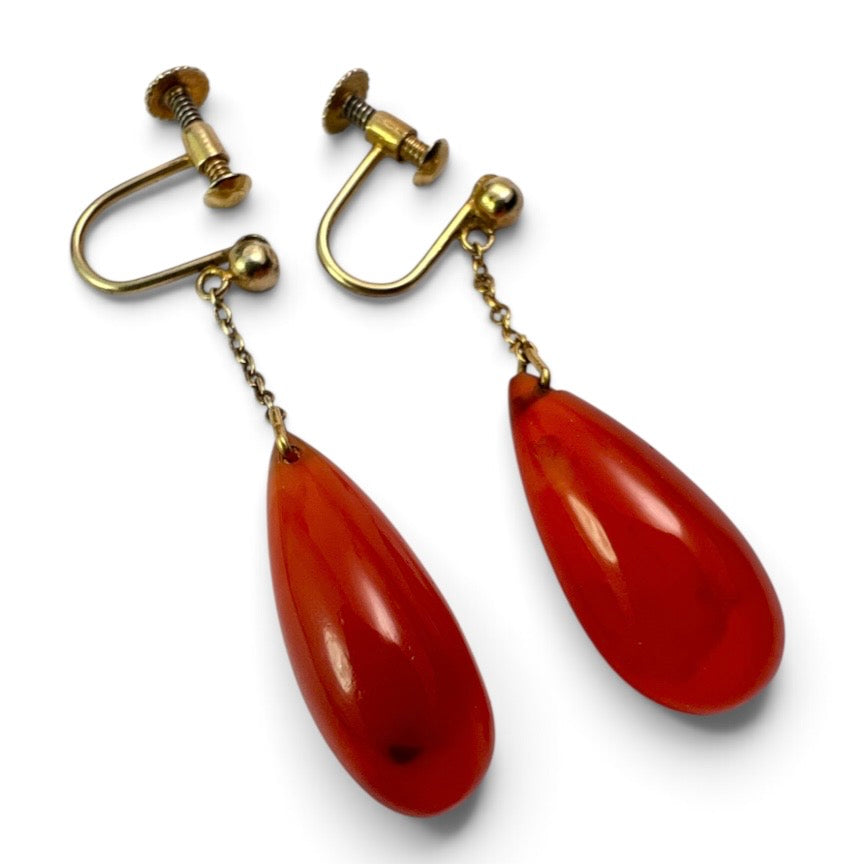 Edwardian Red Agate Chain Drop Earrings in 9CT Gold