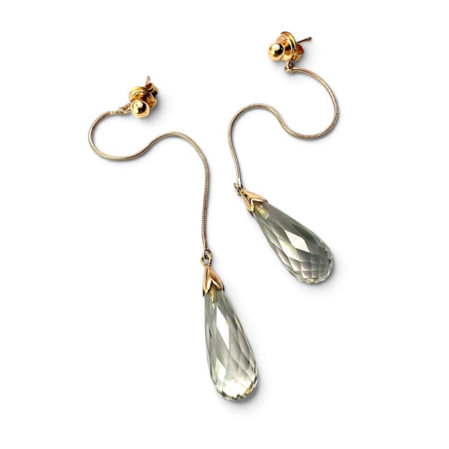 Long Vintage Gold Green Amethyst Teardrop Earrings