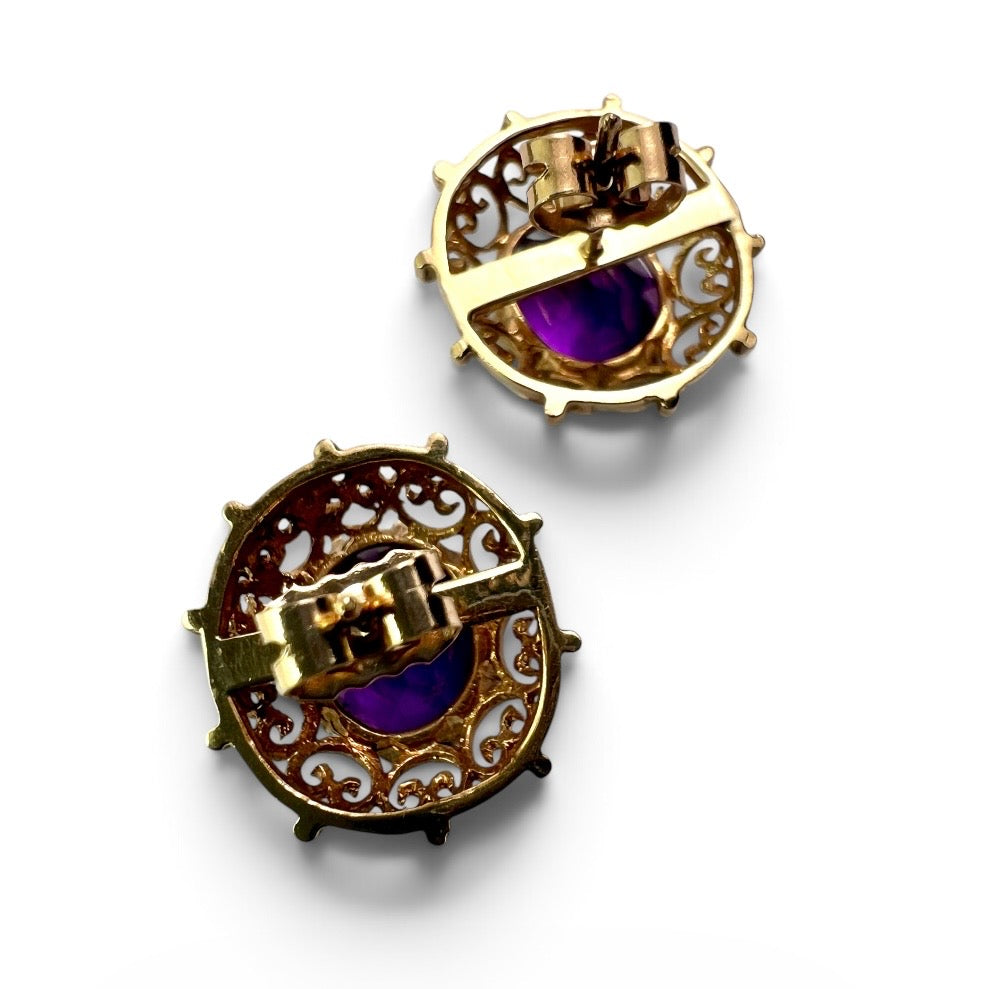 Large Vintage Amethyst Gold Filigree Stud Earrings