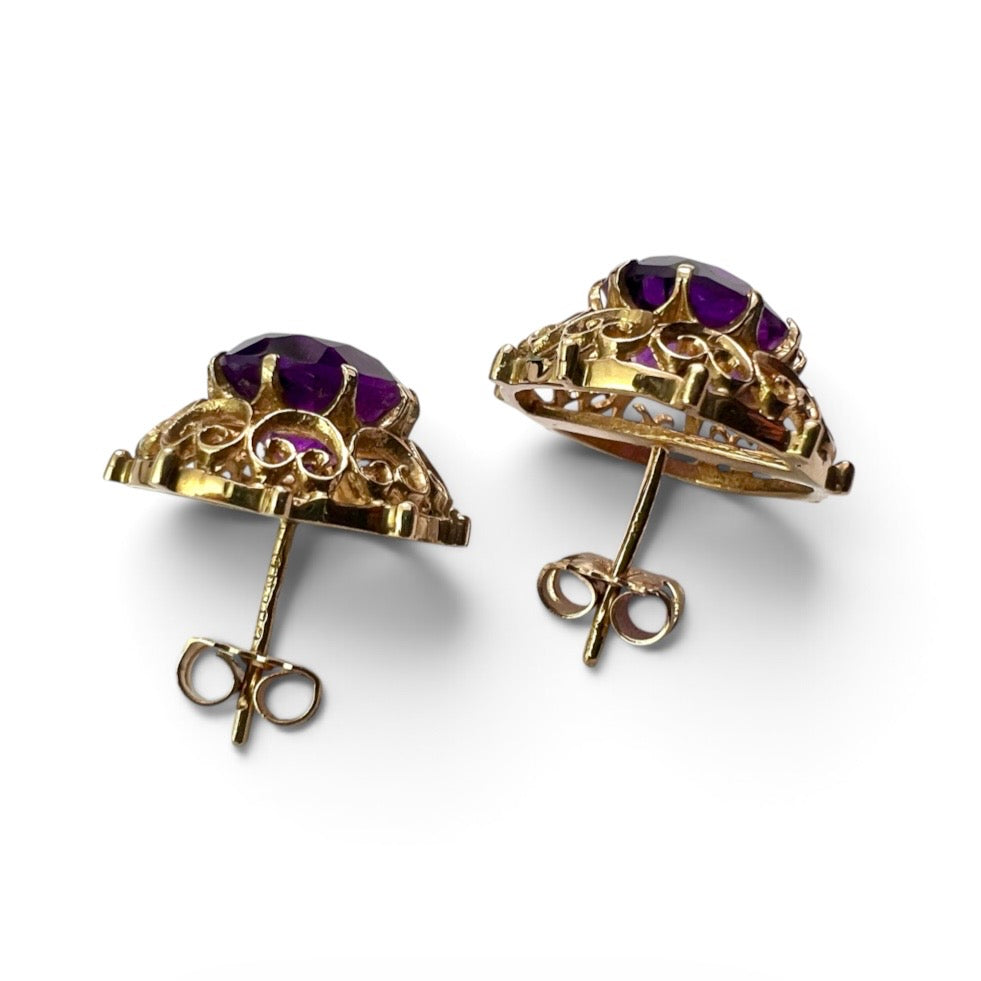 Large Vintage Amethyst Gold Filigree Stud Earrings