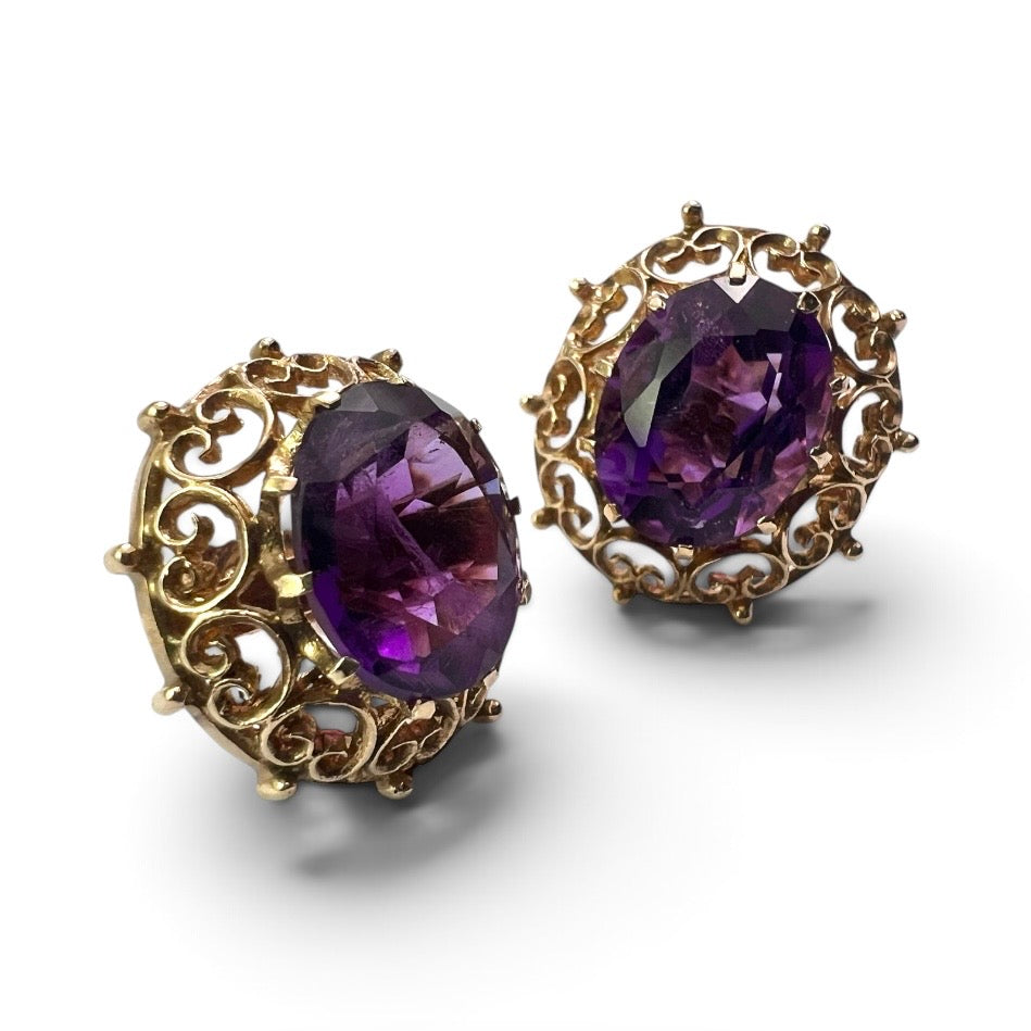 Large Vintage Amethyst Gold Filigree Stud Earrings