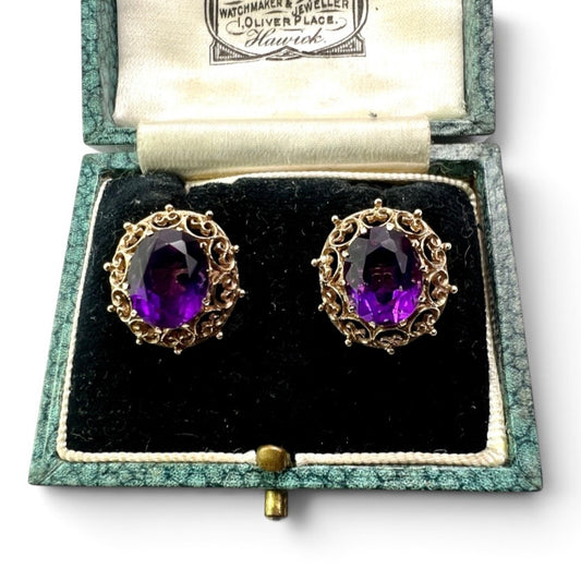 Large Vintage Amethyst Gold Filigree Stud Earrings