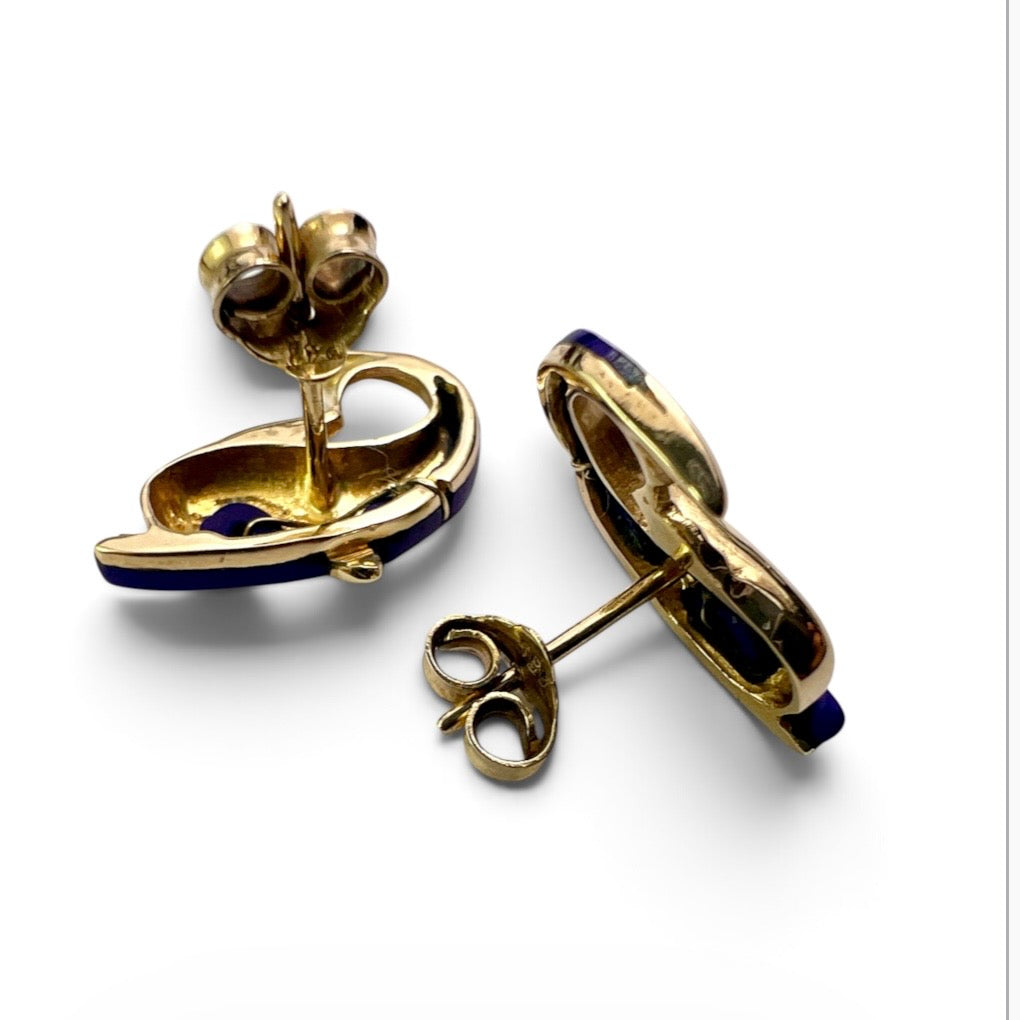 Vintage Lapis Lazuli 14CT Gold Dolphin Stud Earrings