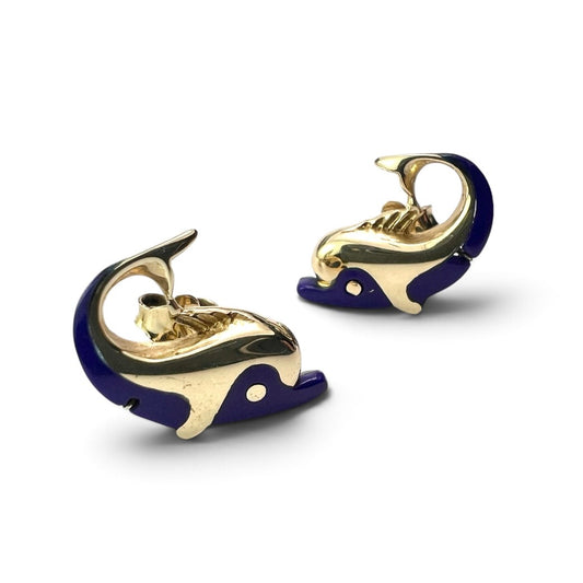 Vintage Lapis Lazuli 14CT Gold Dolphin Stud Earrings
