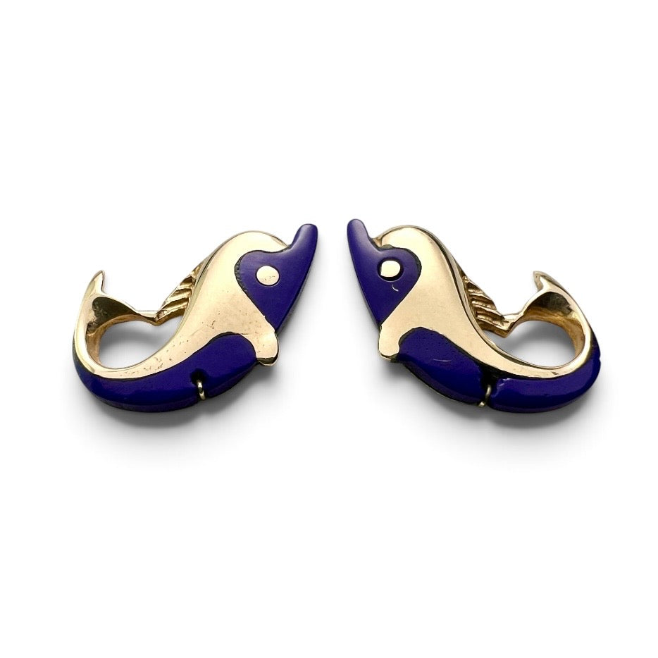 Vintage Lapis Lazuli 14CT Gold Dolphin Stud Earrings