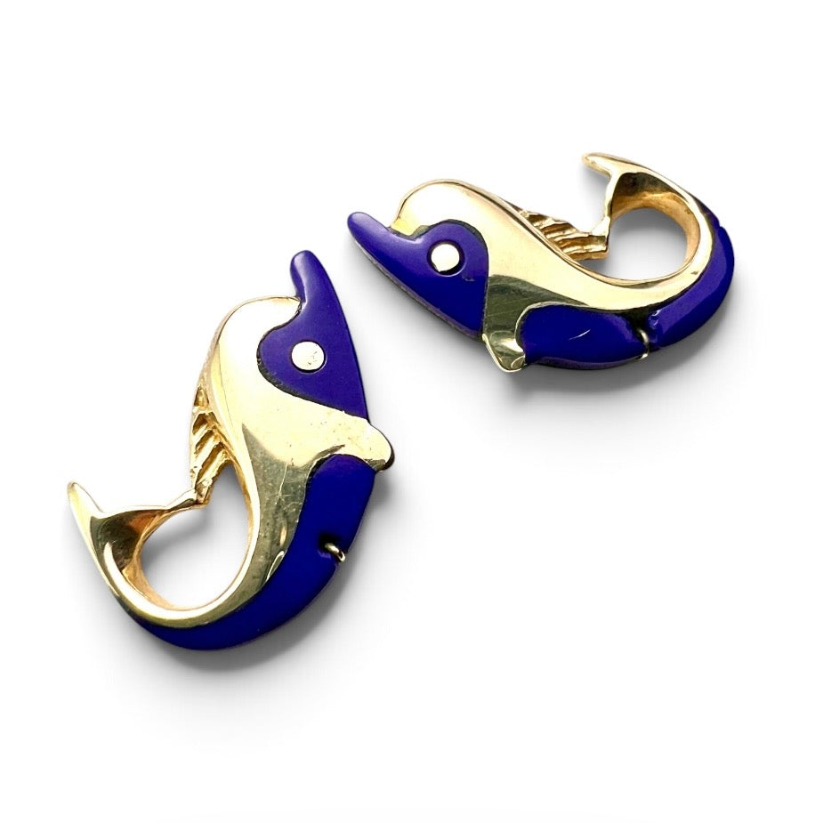 Vintage Lapis Lazuli 14CT Gold Dolphin Stud Earrings
