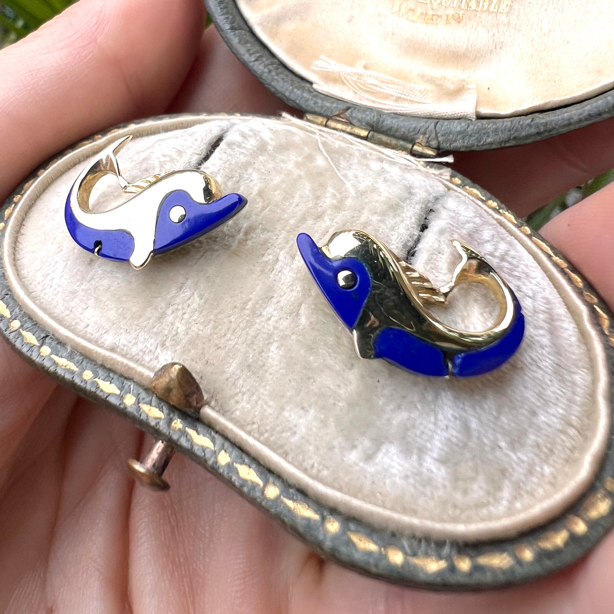 Vintage Lapis Lazuli 14CT Gold Dolphin Stud Earrings