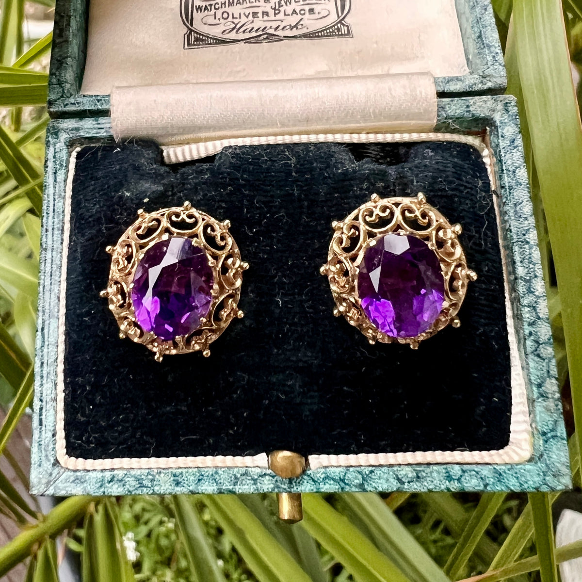 Large Vintage Amethyst Gold Filigree Stud Earrings