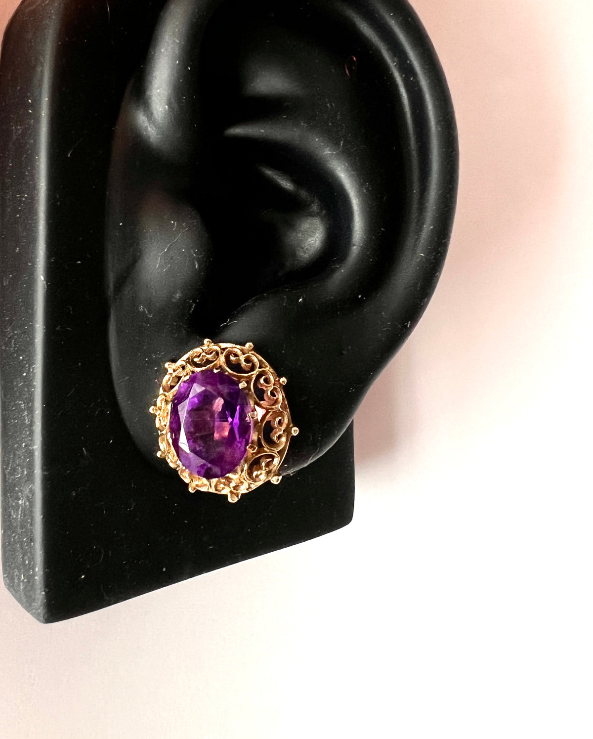 Large Vintage Amethyst Gold Filigree Stud Earrings