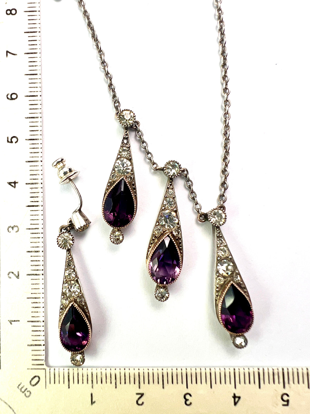 Art Deco Amethyst Paste Silver and Gold Earrings and Necklace Set