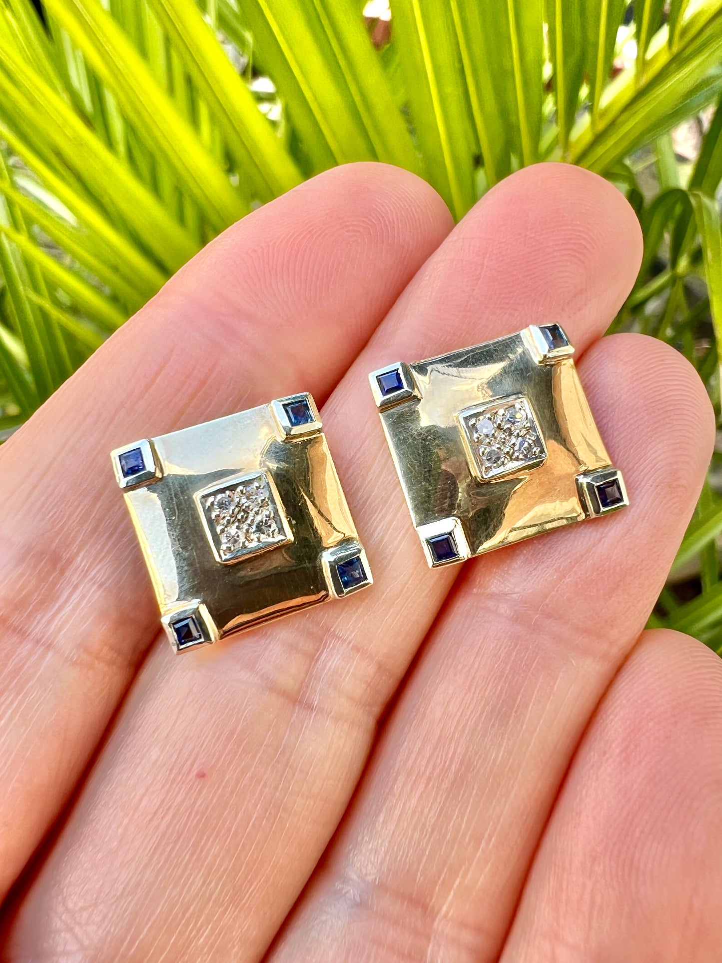 Vintage Sapphire and Diamond Square Stud Earrings in 9CT Gold