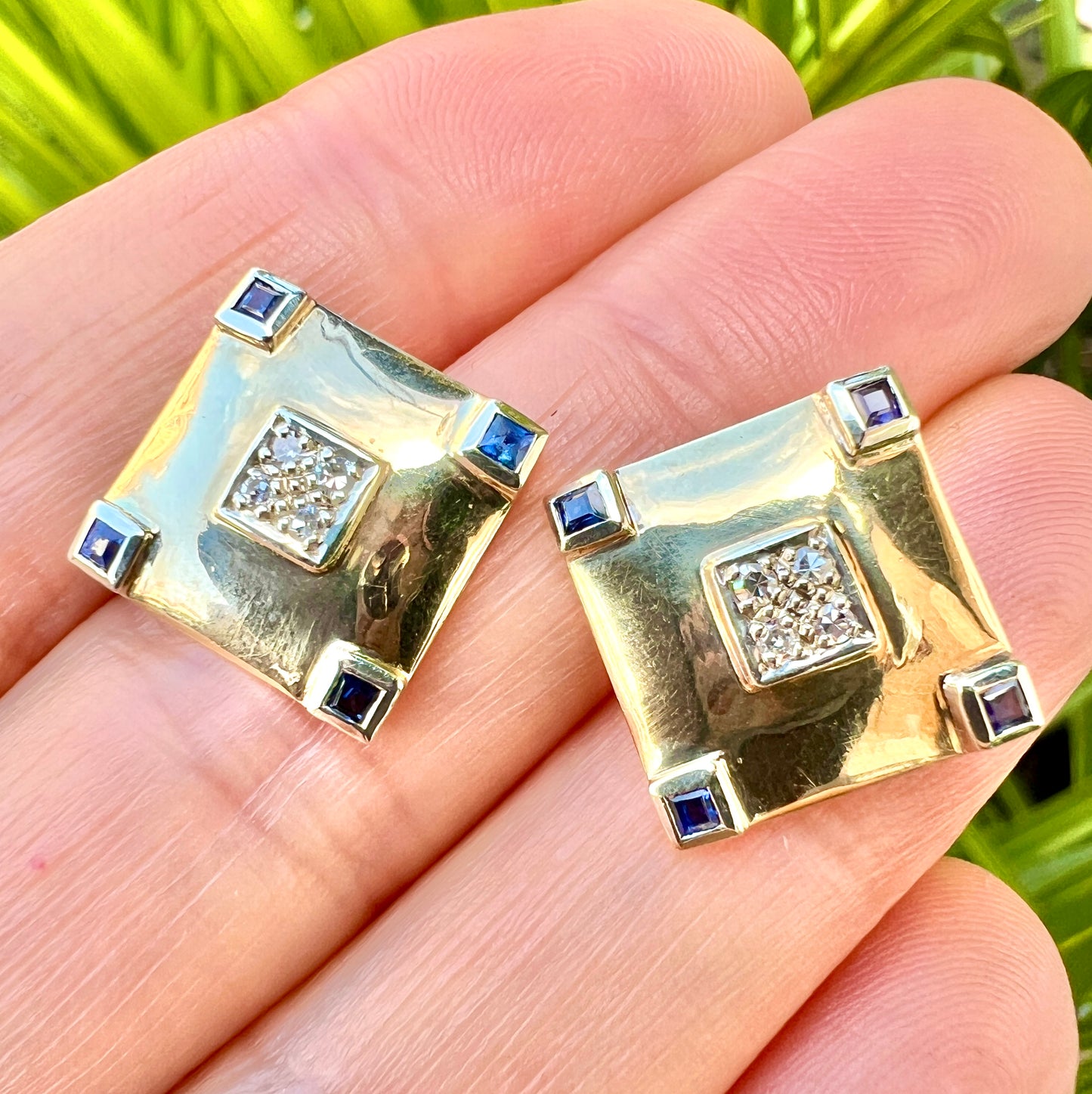 Vintage Sapphire and Diamond Square Stud Earrings in 9CT Gold