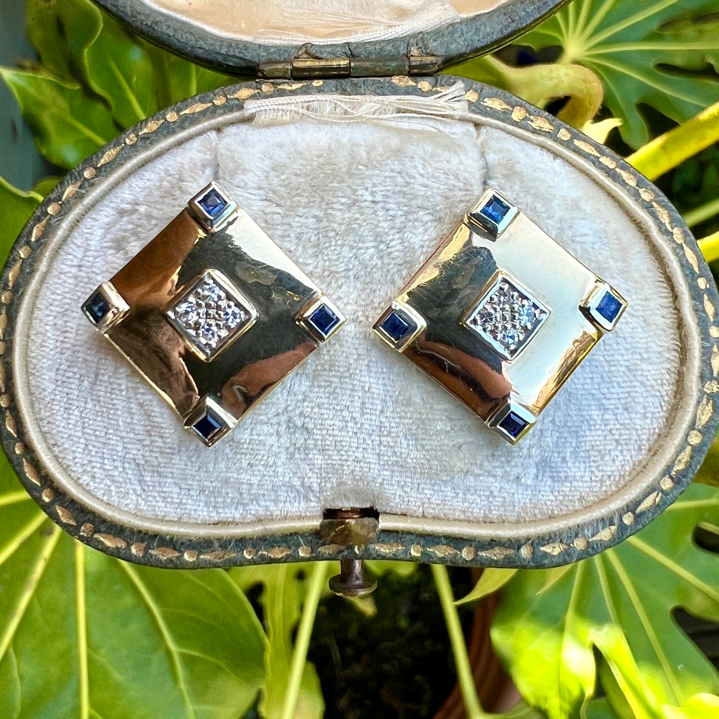 Vintage Sapphire and Diamond Square Stud Earrings in 9CT Gold
