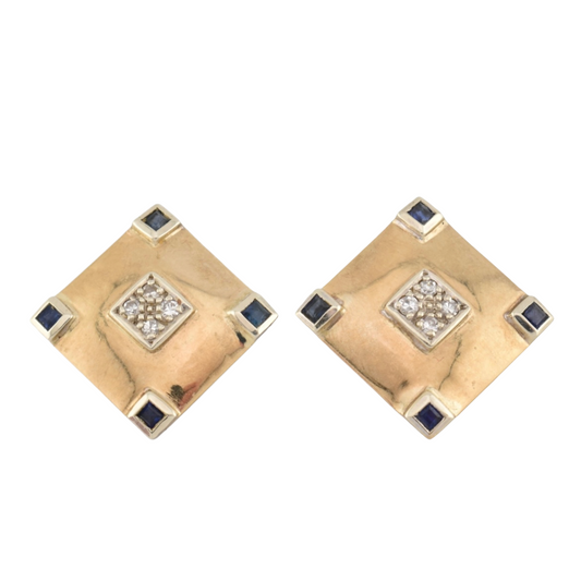 Vintage Sapphire and Diamond Square Stud Earrings in 9CT Gold