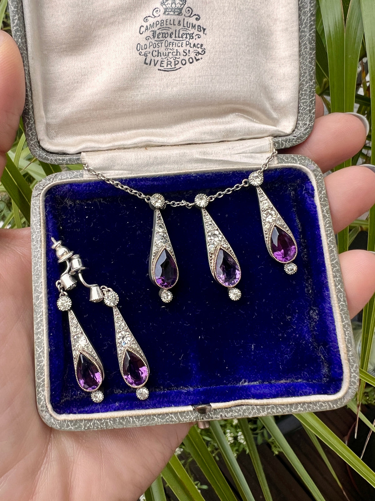Art Deco Amethyst Paste Silver and Gold Earrings and Necklace Set