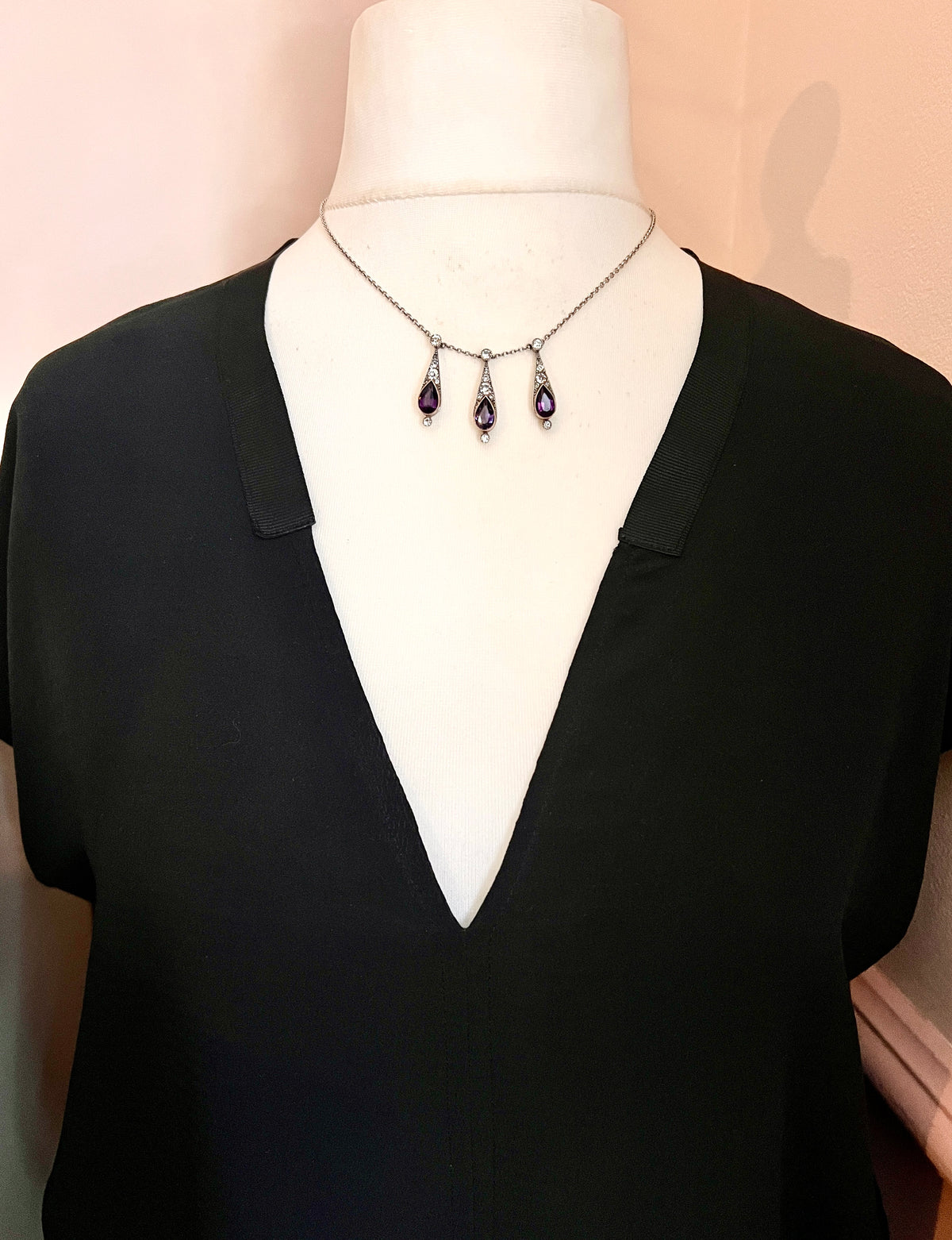 Art Deco Amethyst Paste Silver and Gold Earrings and Necklace Set
