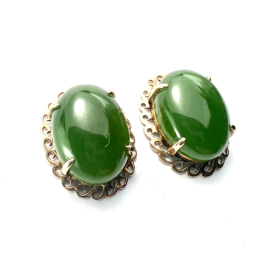 Vintage Jade Cabochon Gold Stud Earrings