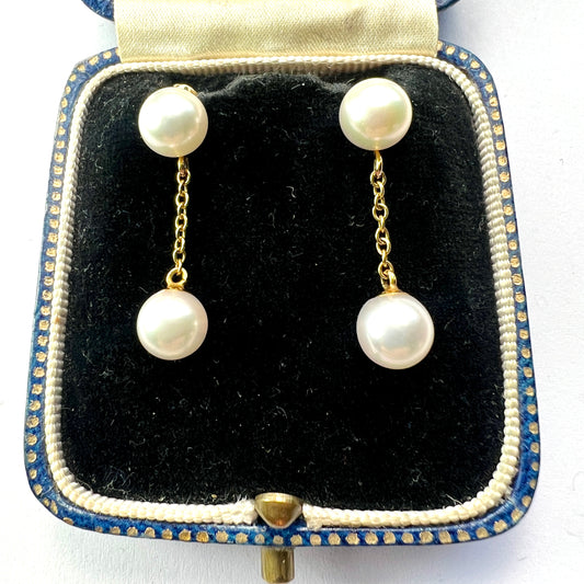 Vintage Gold Double Cultured Pearl Chain Drop Earrings