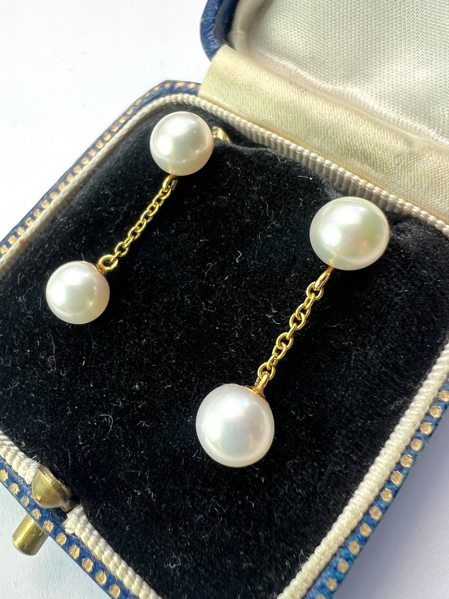 Vintage Gold Double Cultured Pearl Chain Drop Earrings