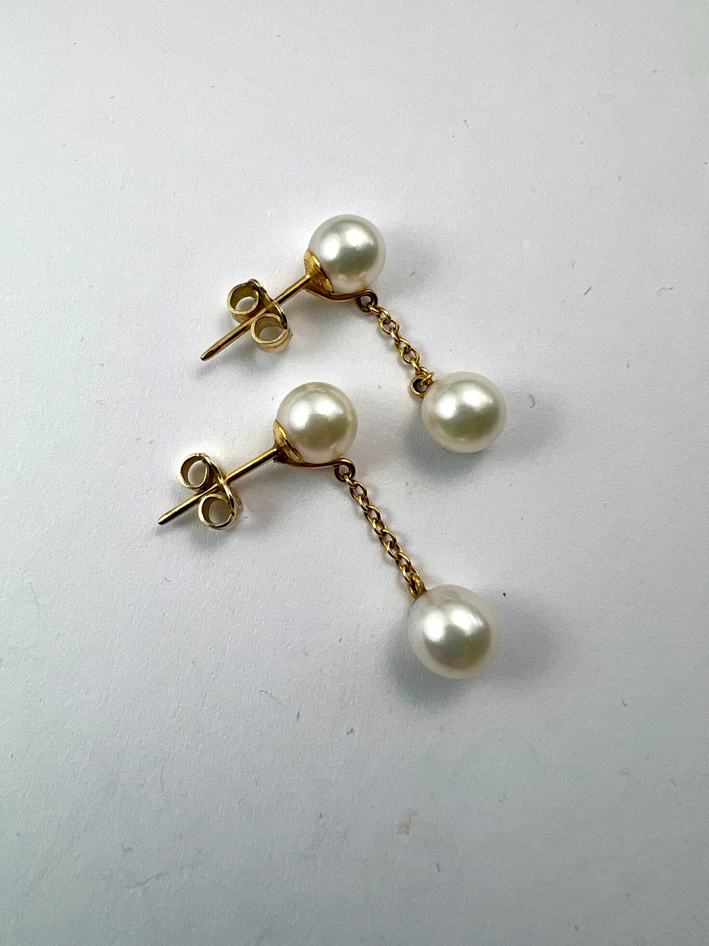 Vintage Gold Double Cultured Pearl Chain Drop Earrings