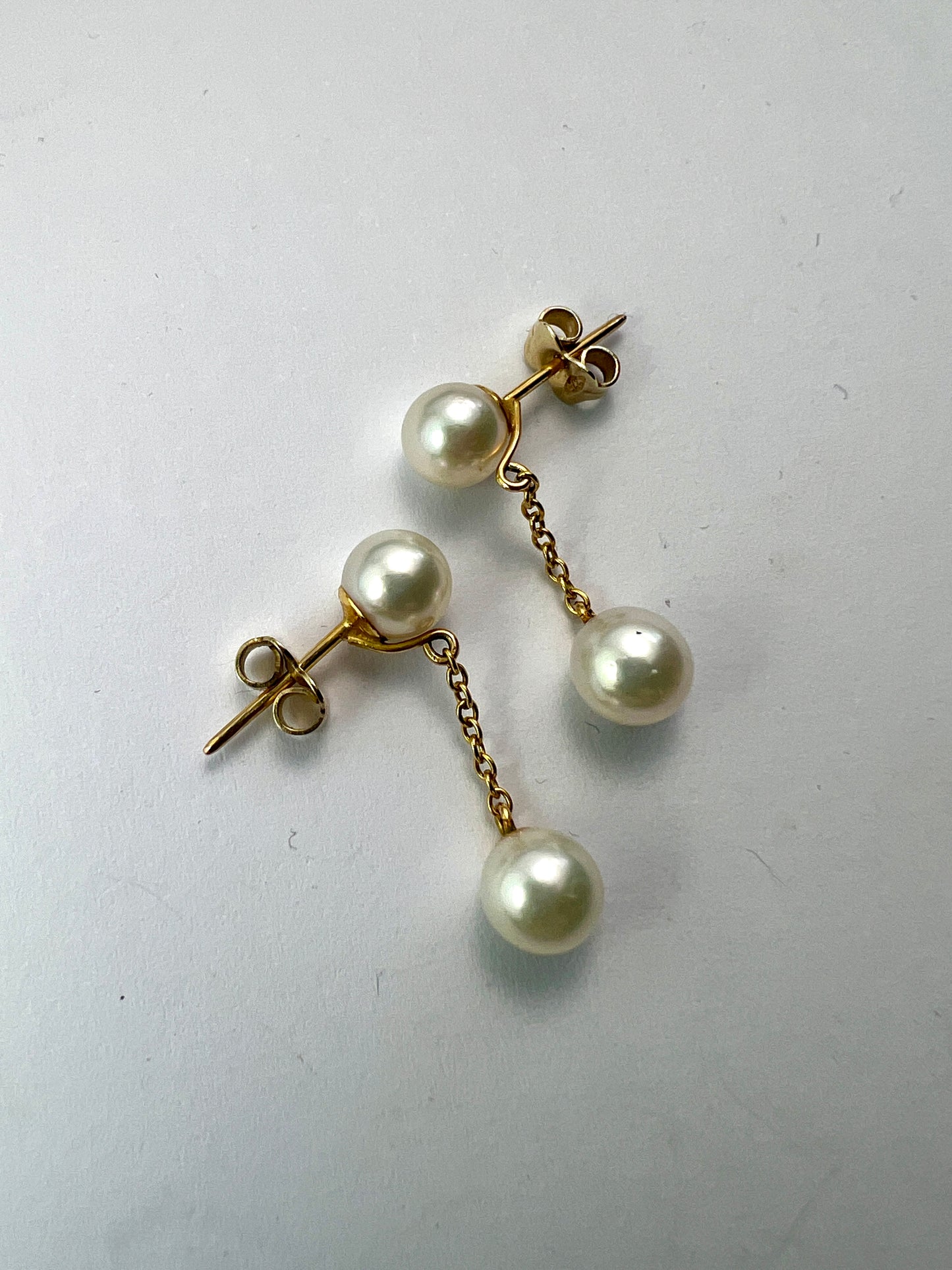 Vintage Gold Double Cultured Pearl Chain Drop Earrings