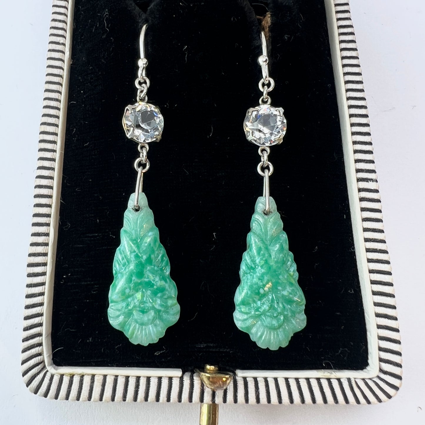 Art Deco Silver Jade Glass Earrings