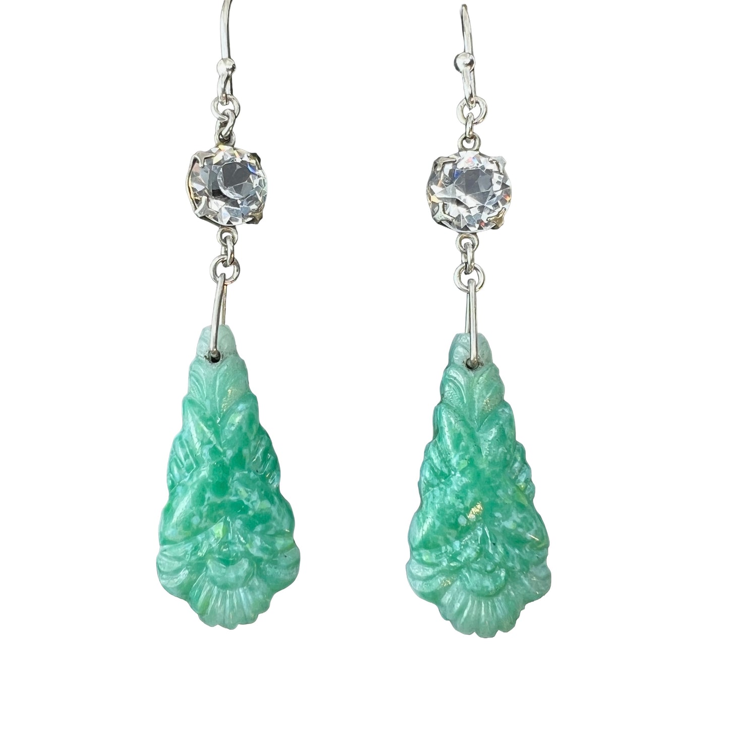 Art Deco Silver Jade Glass Earrings