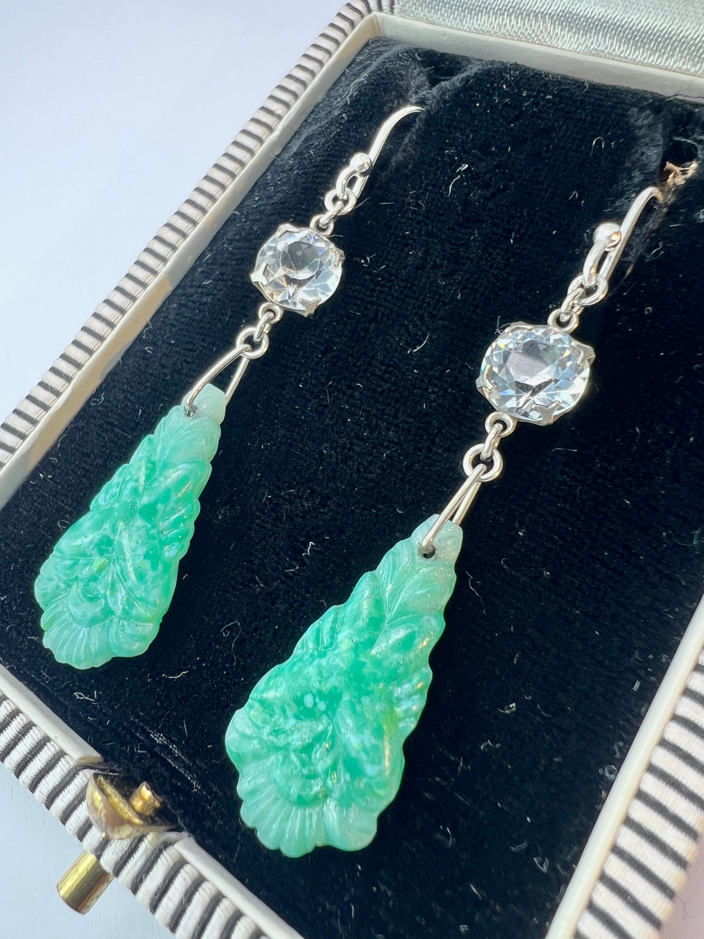 Art Deco Silver Jade Glass Earrings