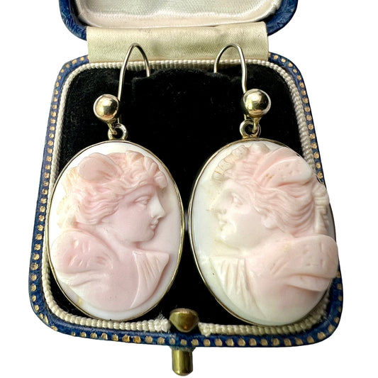 Large Vintage Queen Conch Classical Cameo Silver Earrings