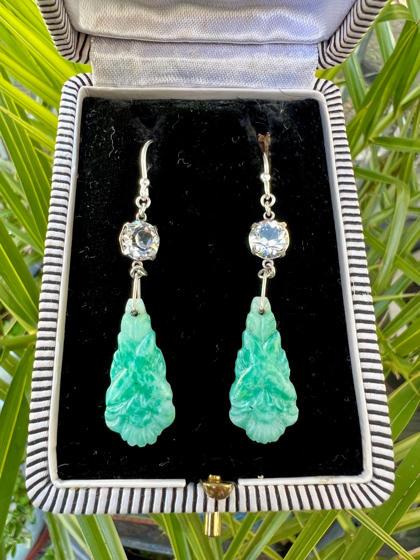 Art Deco Silver Jade Glass Earrings