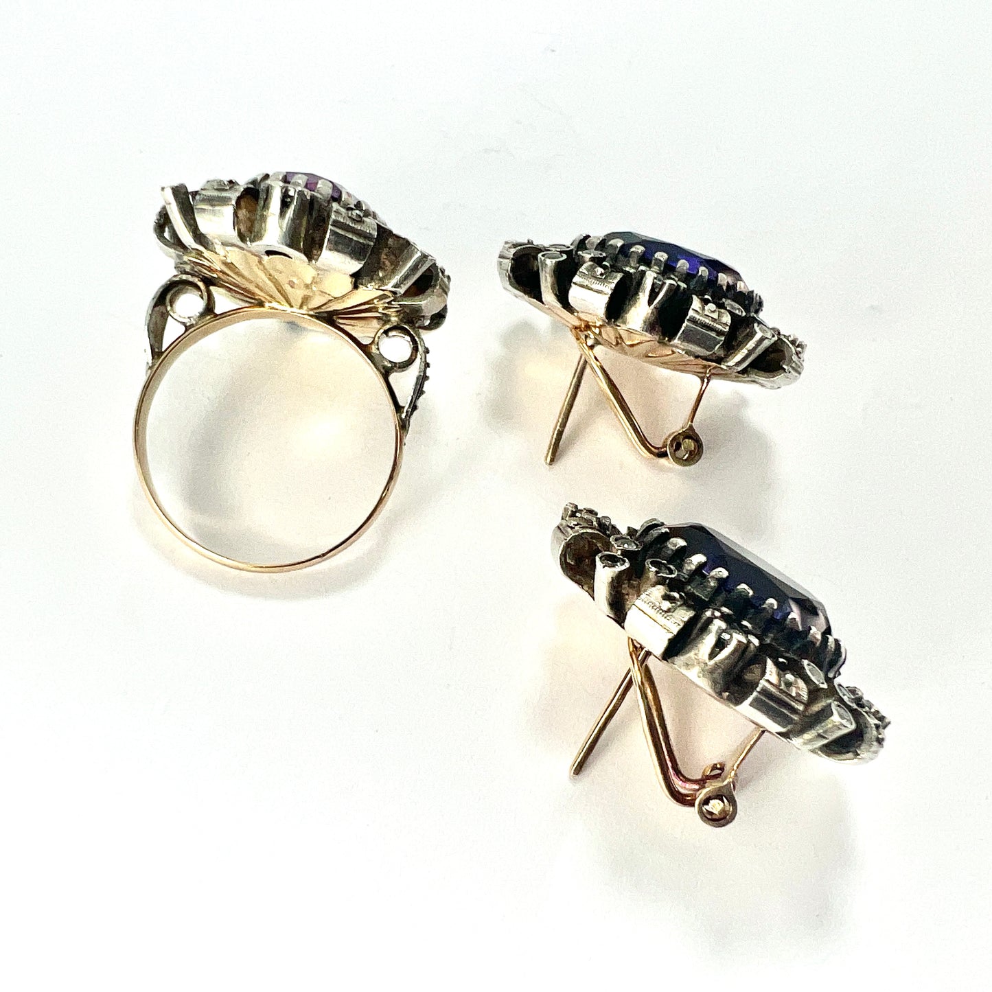 Antique 18CT Gold & Silver Corundum Ring and Earrings Set