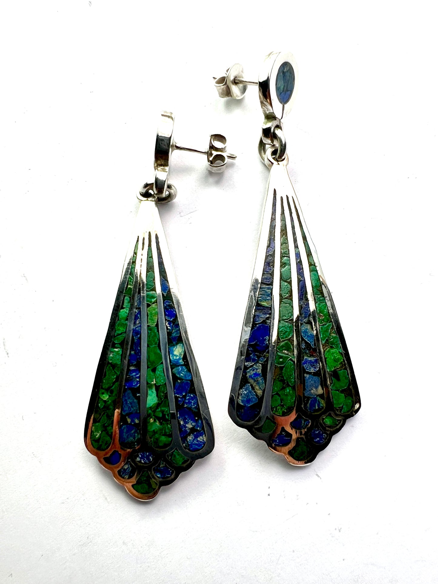Huge Vintage Taxco Azurite and Malachite Silver Earrings