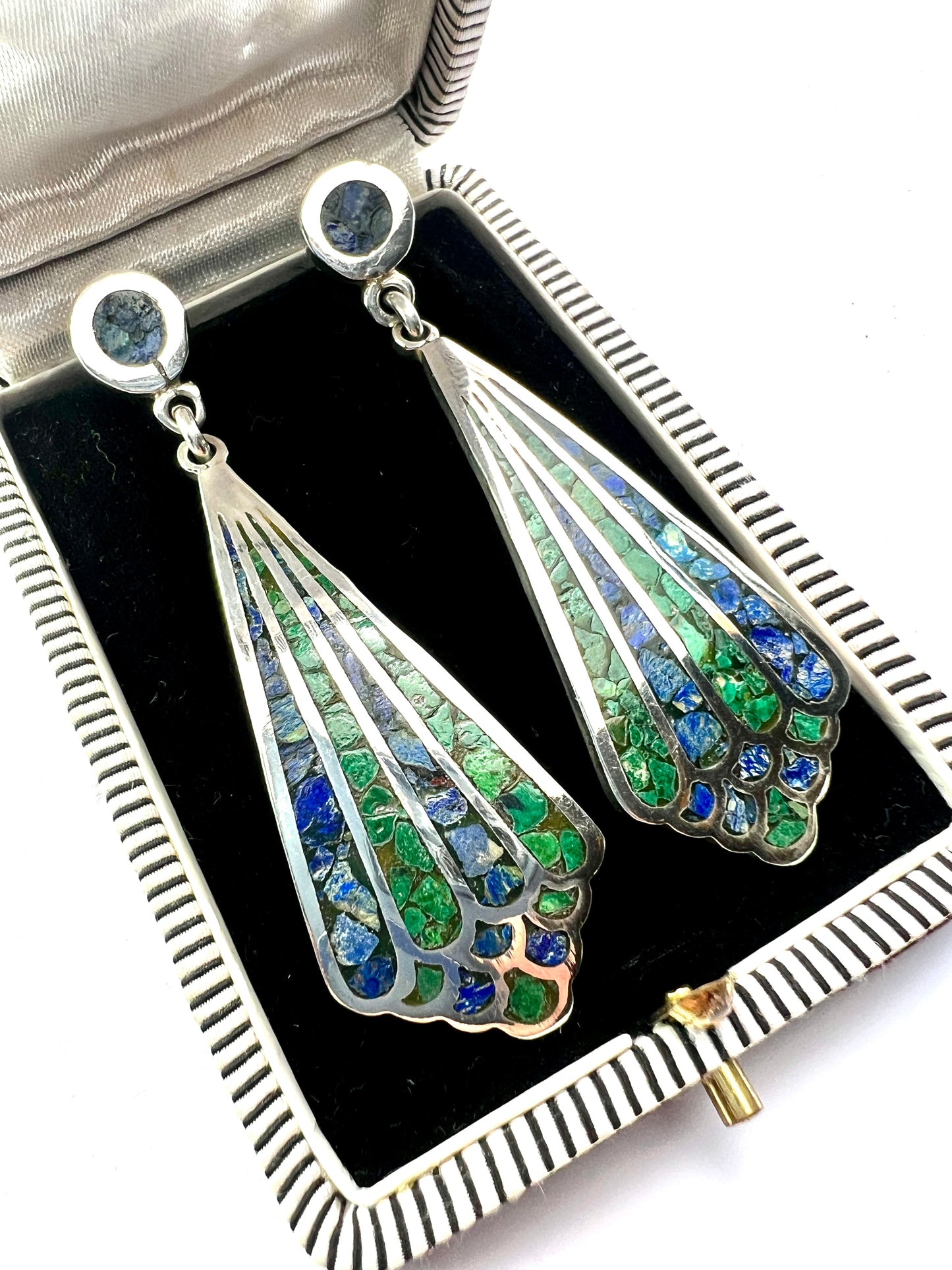 Huge Vintage Taxco Azurite and Malachite Silver Earrings