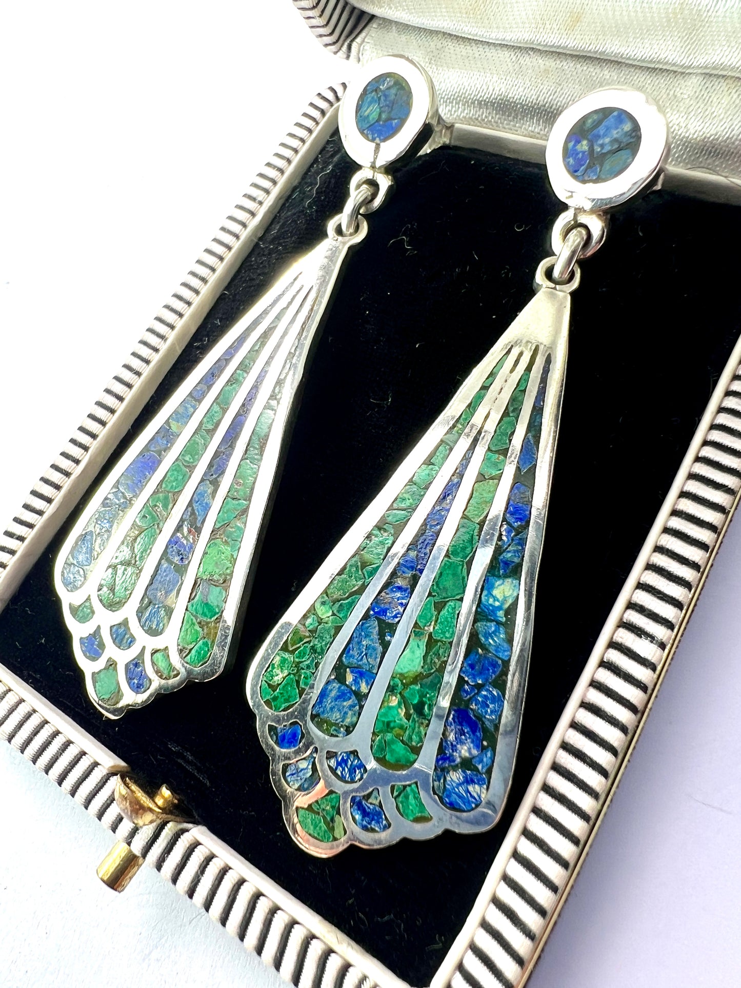 Huge Vintage Taxco Azurite and Malachite Silver Earrings