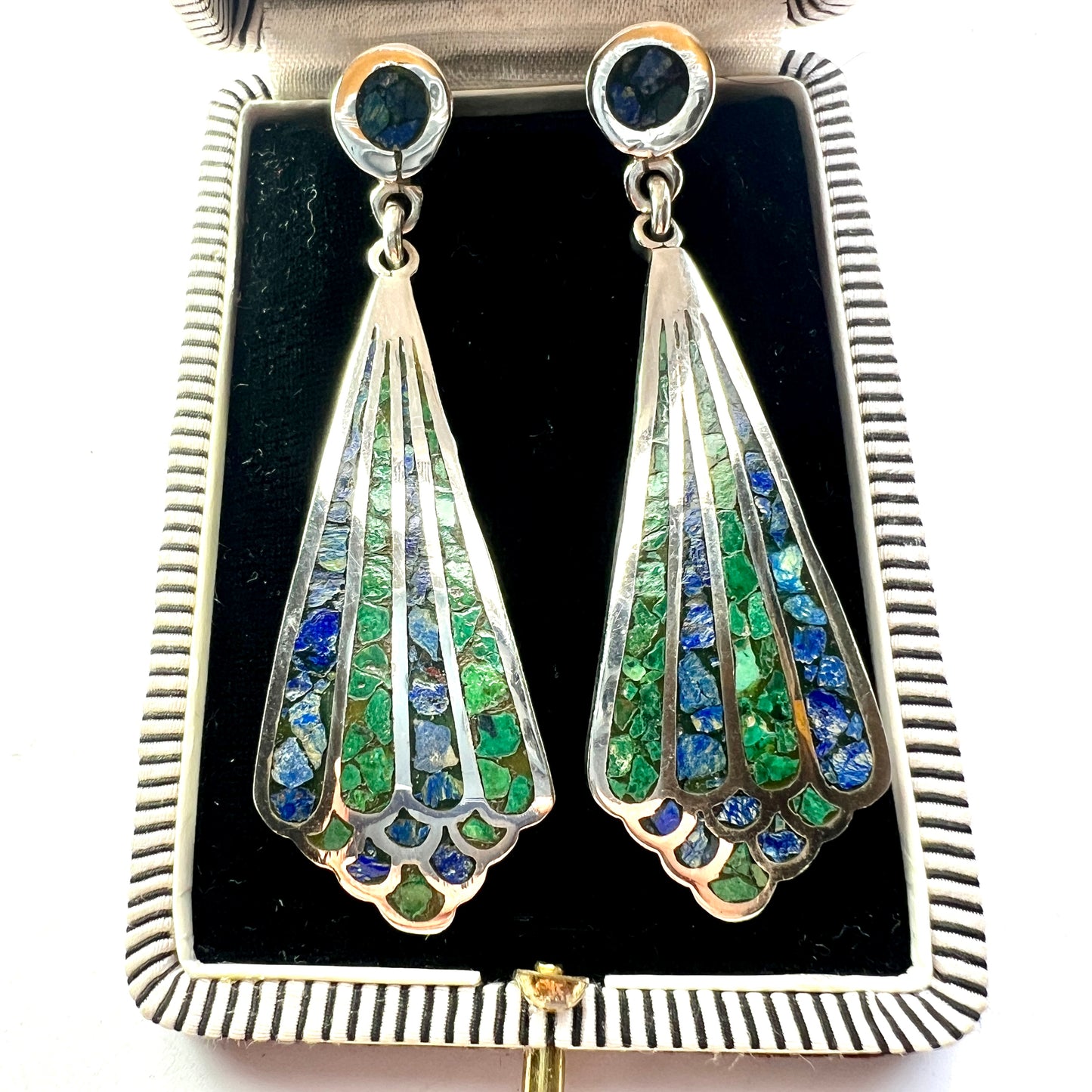 Huge Vintage Taxco Azurite and Malachite Silver Earrings