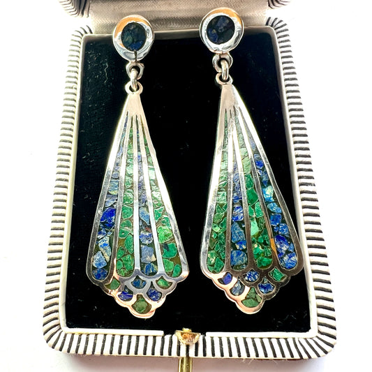 Huge Vintage Taxco Azurite and Malachite Silver Earrings