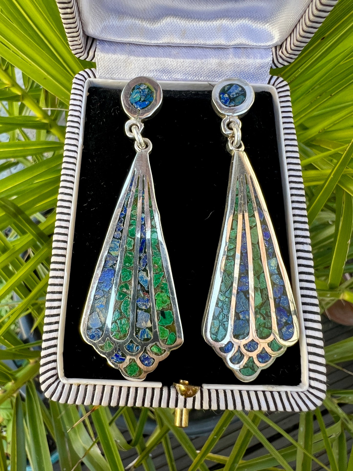 Huge Vintage Taxco Azurite and Malachite Silver Earrings