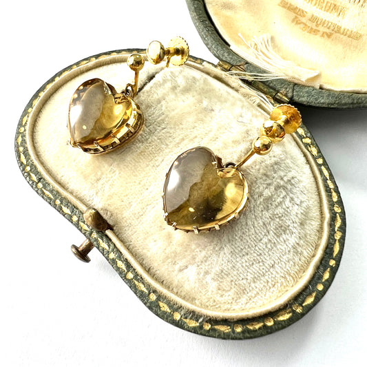 Victorian 9CT Gold Citrine Heart Screwback Earrings