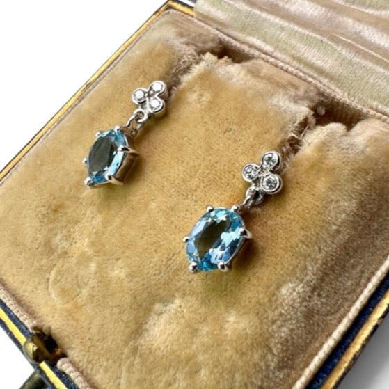 Vintage Aquamarine and Diamond Trefoil Earrings
