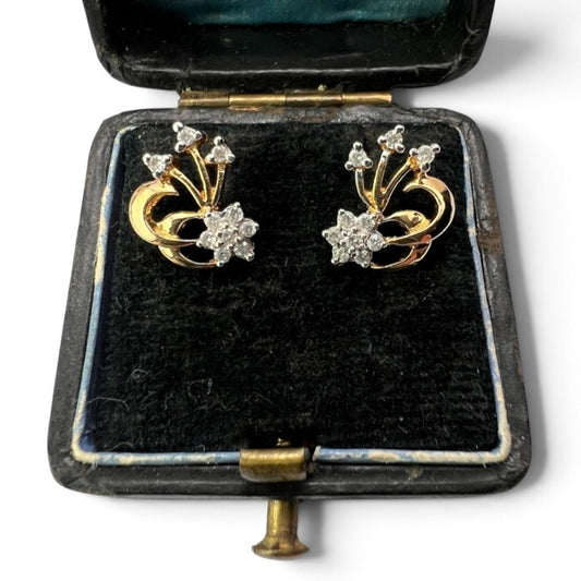 Vintage 18CT Gold Diamond Firework Flower Stud Earrings