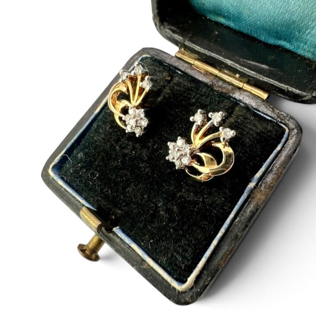 Vintage 18CT Gold Diamond Firework Flower Stud Earrings