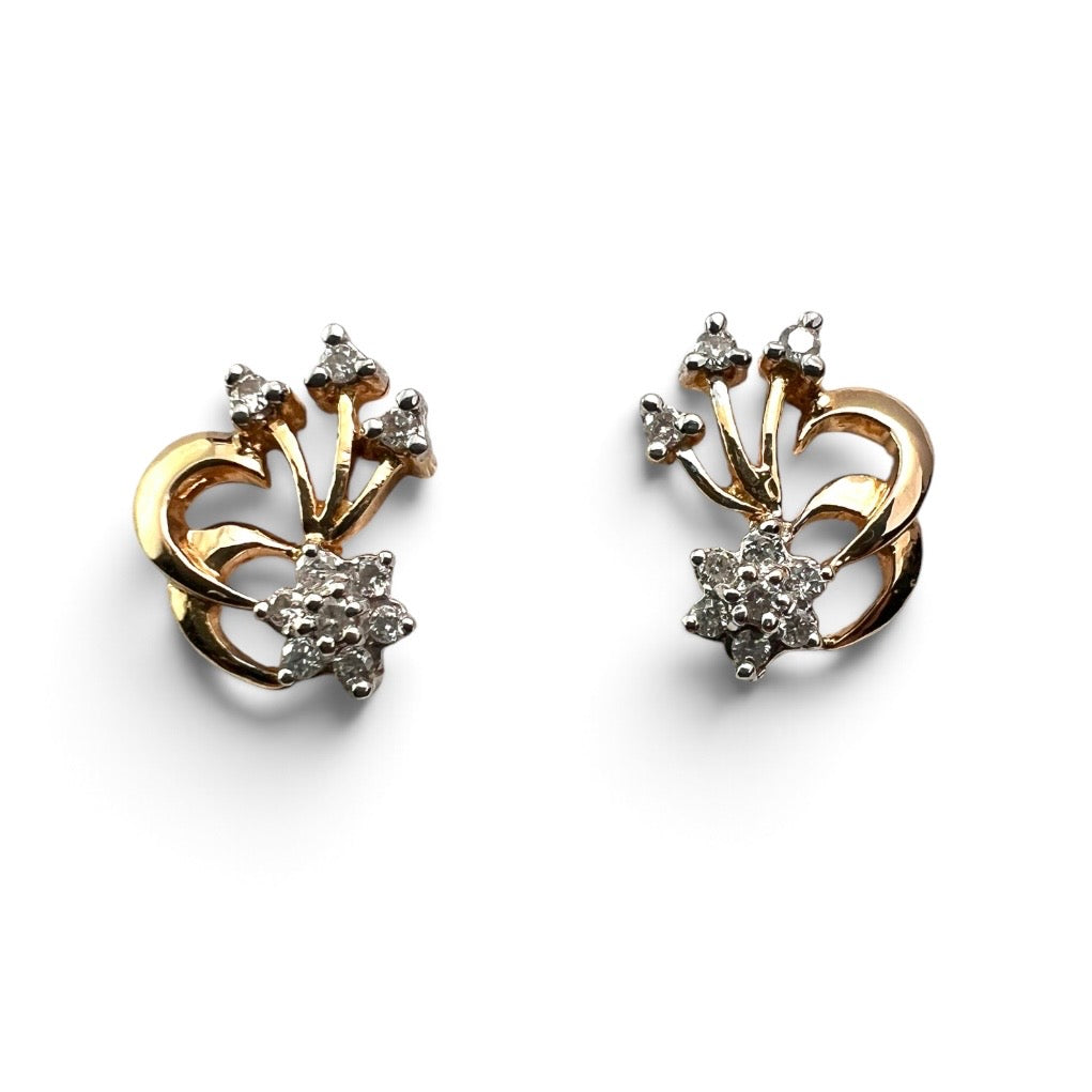 Vintage 18CT Gold Diamond Firework Flower Stud Earrings