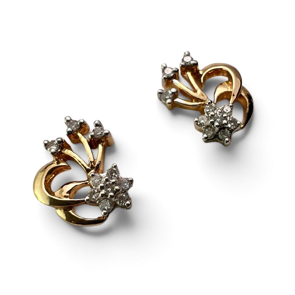 Vintage 18CT Gold Diamond Firework Flower Stud Earrings