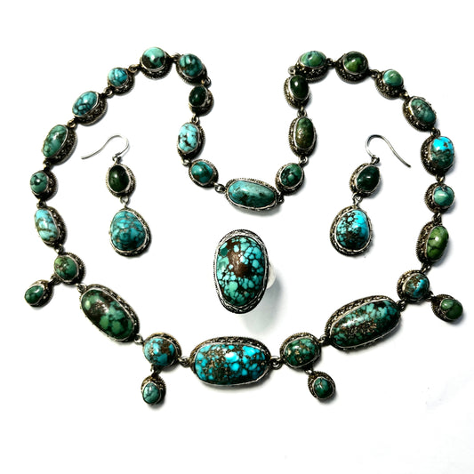Antique Arts and Crafts Turquoise Silver Parure: Earrings, Ring, Necklace Set