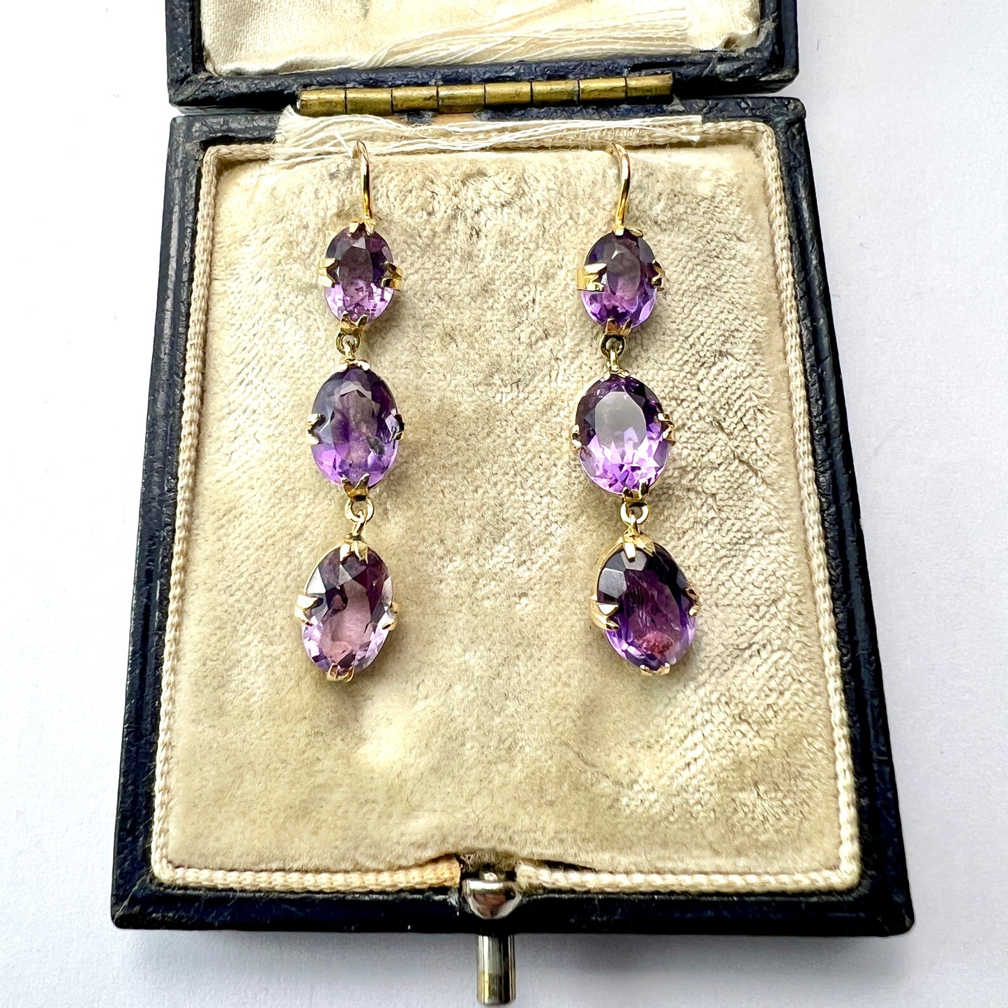 Antique Triple Amethyst Drop Earrings in 9CT Gold