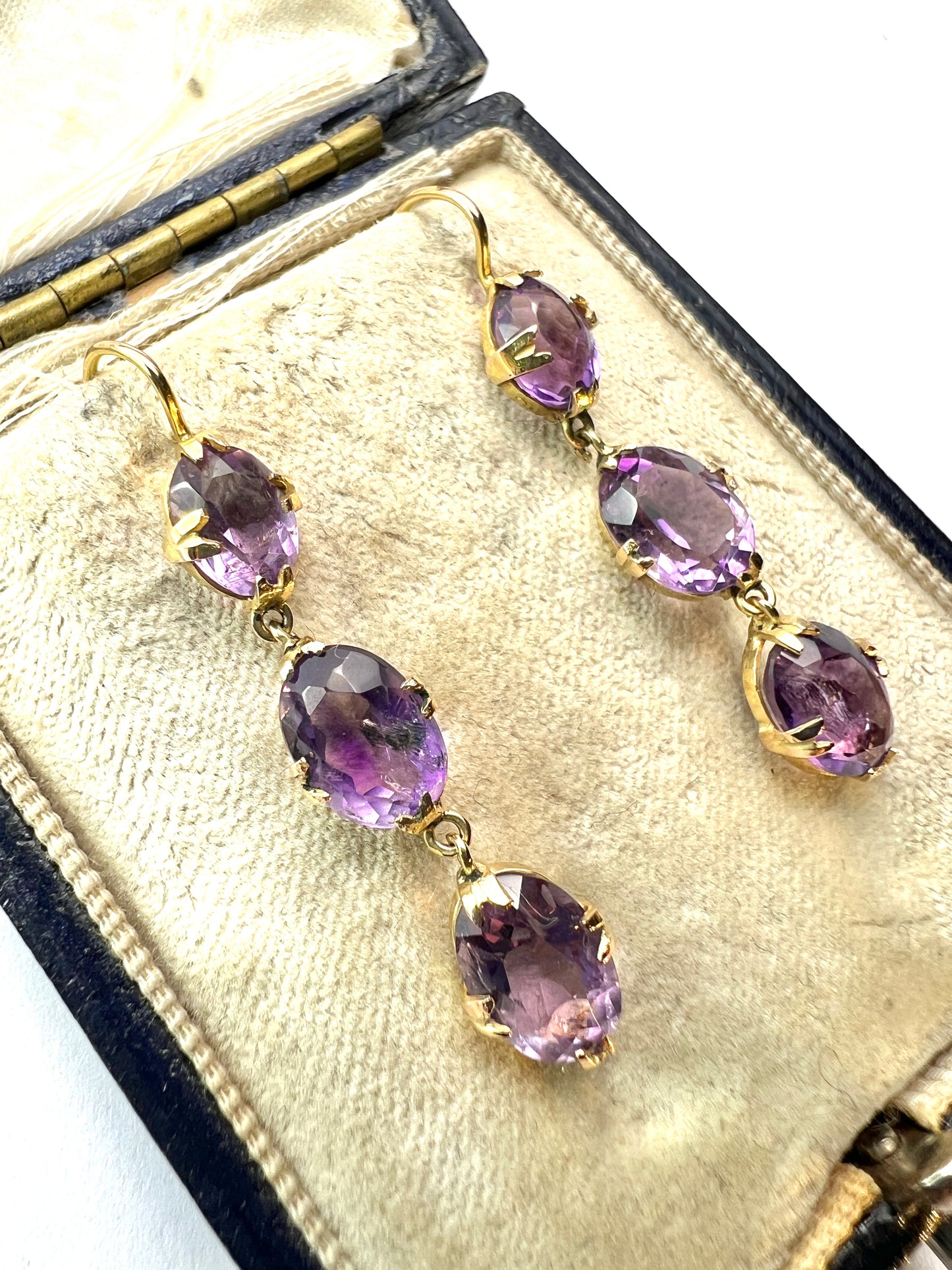 Antique Triple Amethyst Drop Earrings in 9CT Gold