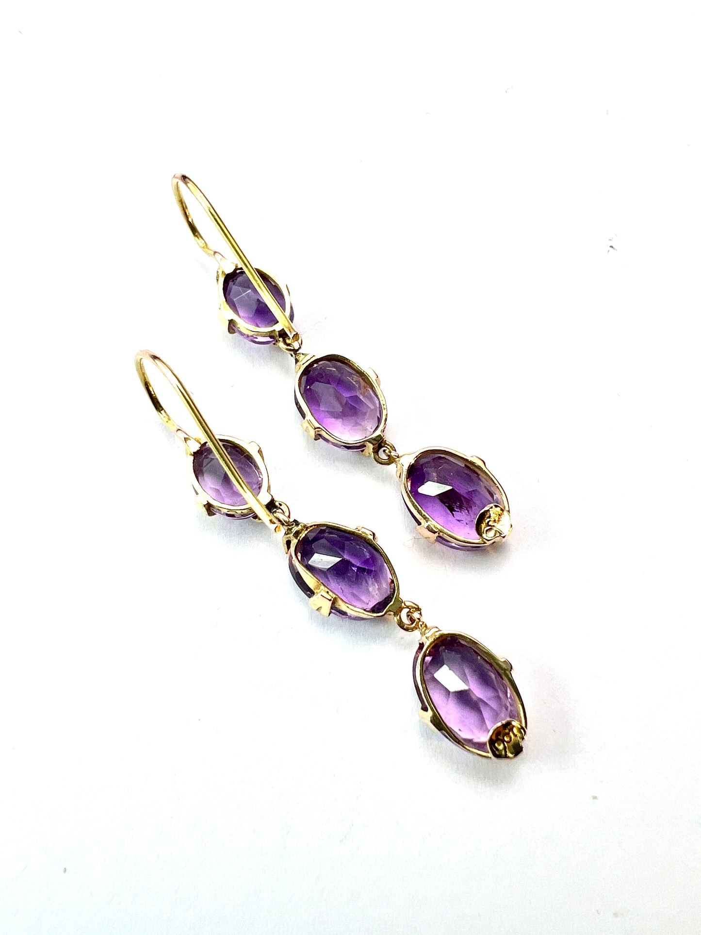 Antique Triple Amethyst Drop Earrings in 9CT Gold